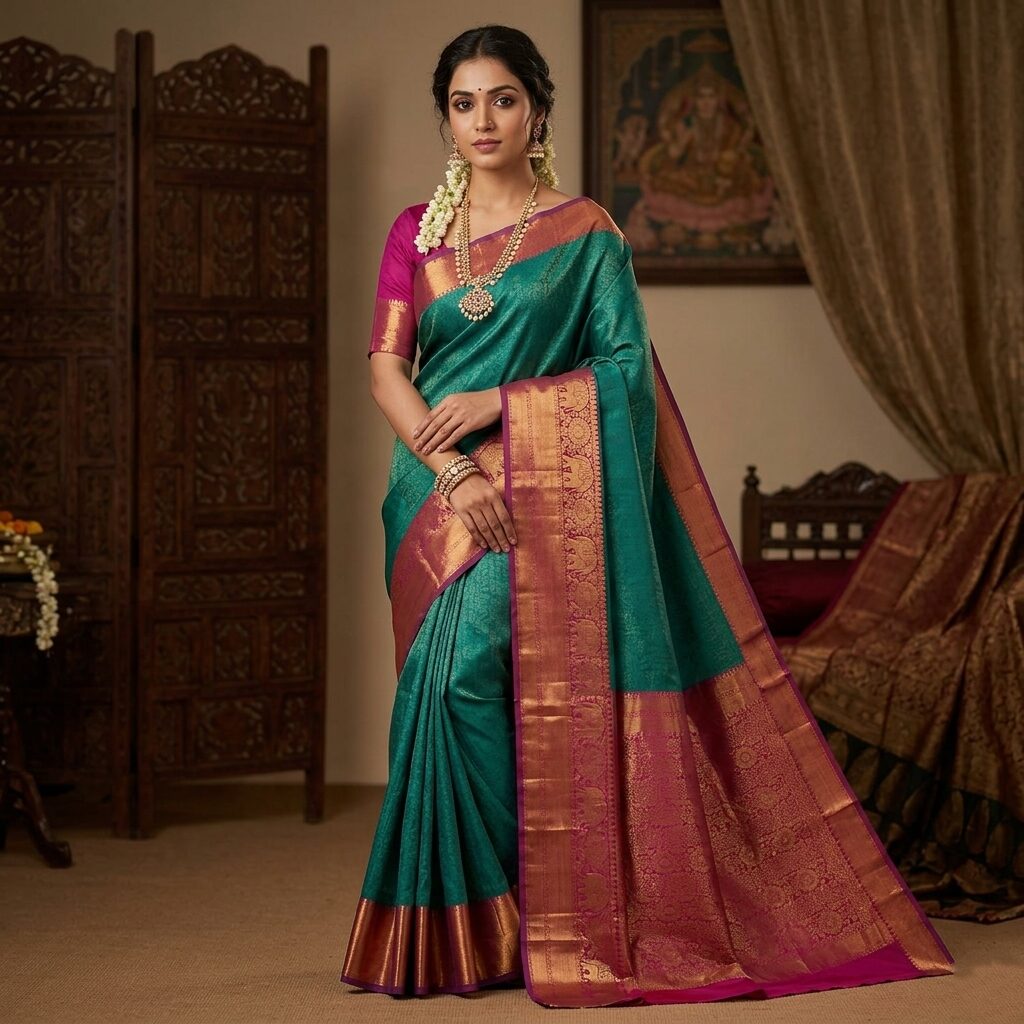Premium Teal Brocade Saree