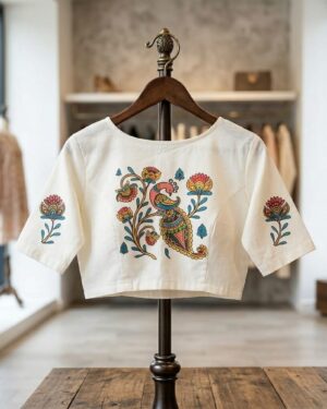 An Half-white Banian fabric saree blouse on a wooden display hanger, showcasing a colorful printed peacock and floral art design on the back and matching motifs on the sleeves.