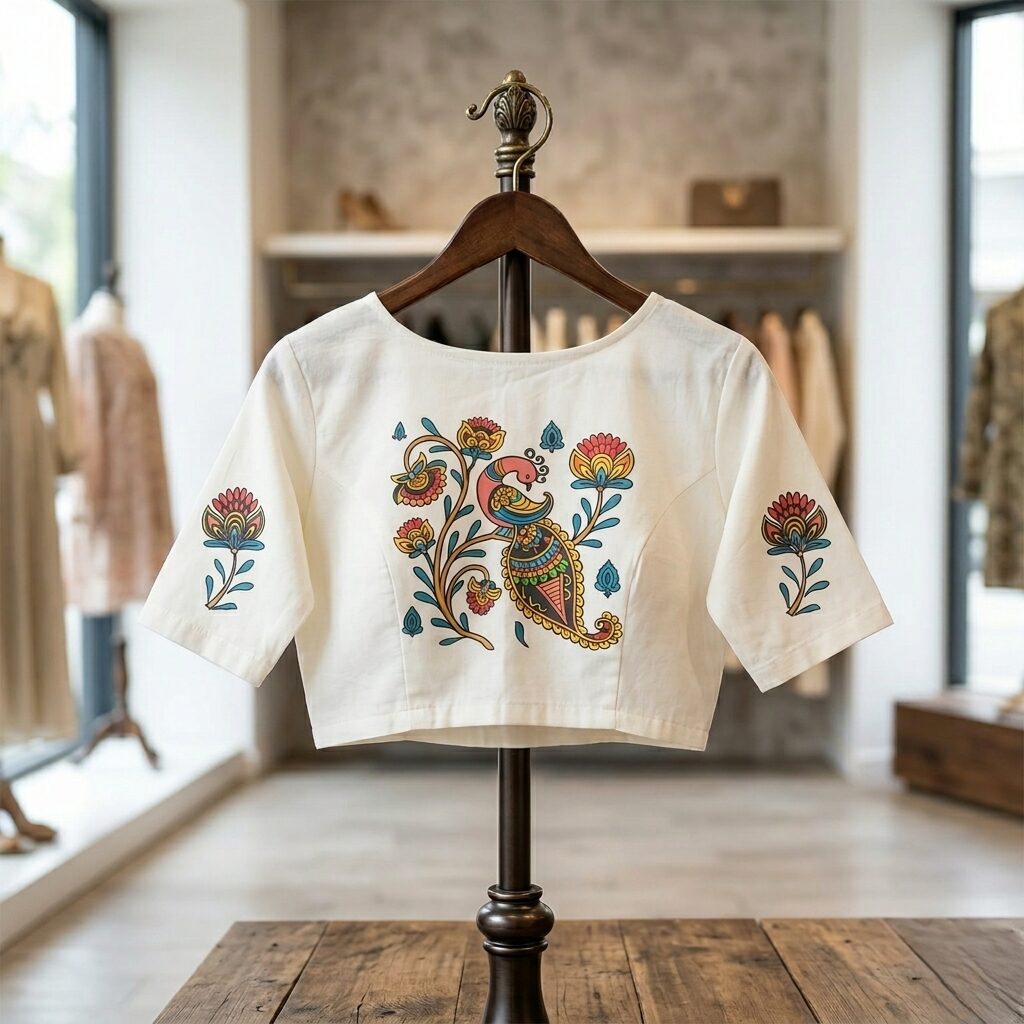 An Half-white Banian fabric saree blouse on a wooden display hanger, showcasing a colorful printed peacock and floral art design on the back and matching motifs on the sleeves.