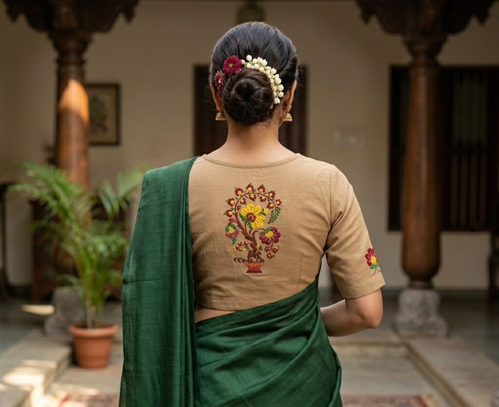 A beige stretchable saree blouse displayed on a gold hanger stand, featuring a colorful printed floral tree motif on the back and small floral prints on the sleeves.