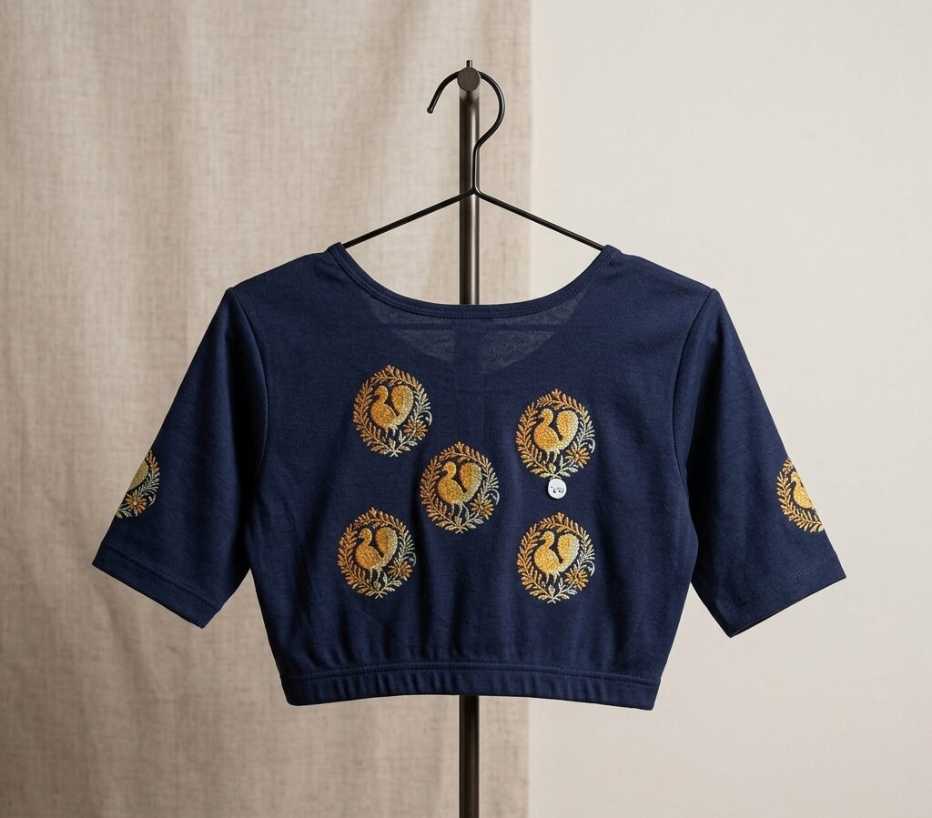 A navy blue Stretchable blouse with short sleeves hanging on a black metal stand, showcasing five circular gold Printed bird motifs on the back.
