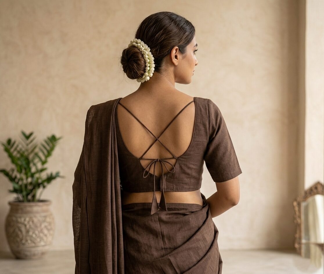 Stunning Earthy Brown Cotton Saree Blouse - Image 2