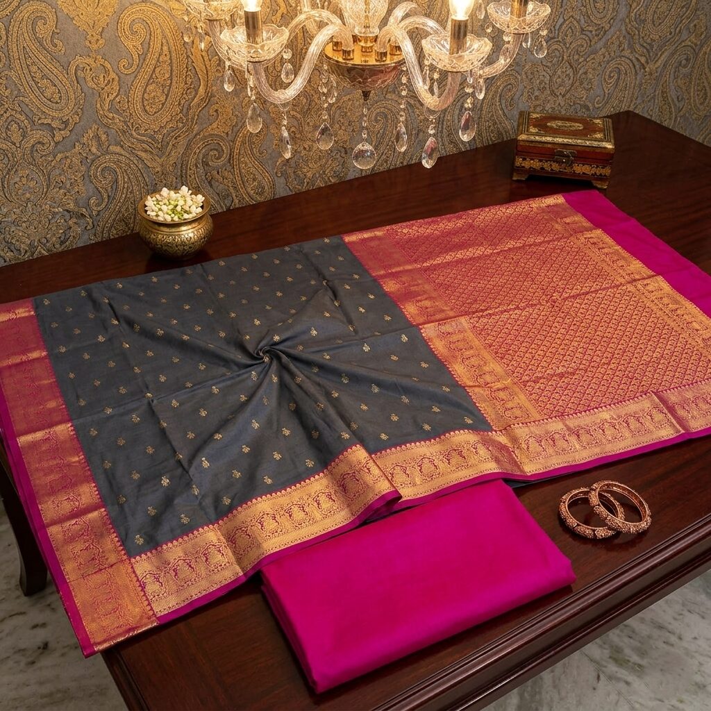 Sublime Charcoal Grey Handloom Silk Saree with Radiant Magenta Zari Border
