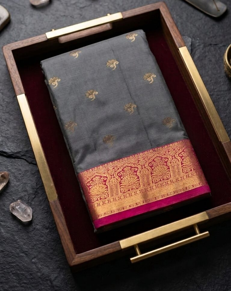 Sublime Charcoal Grey Handloom Silk Saree with Radiant Magenta Zari Border