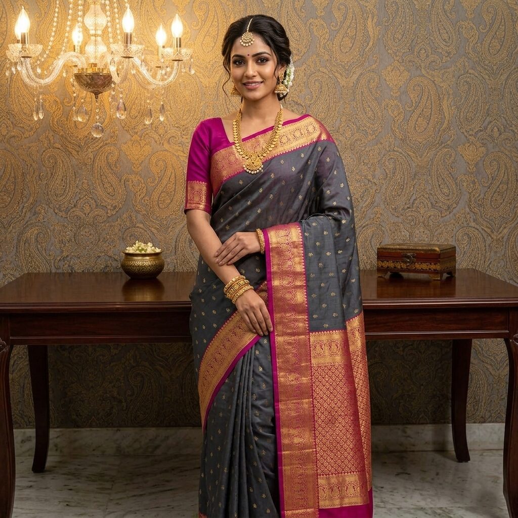 Sublime Charcoal Grey Handloom Silk Saree with Radiant Magenta Zari Border