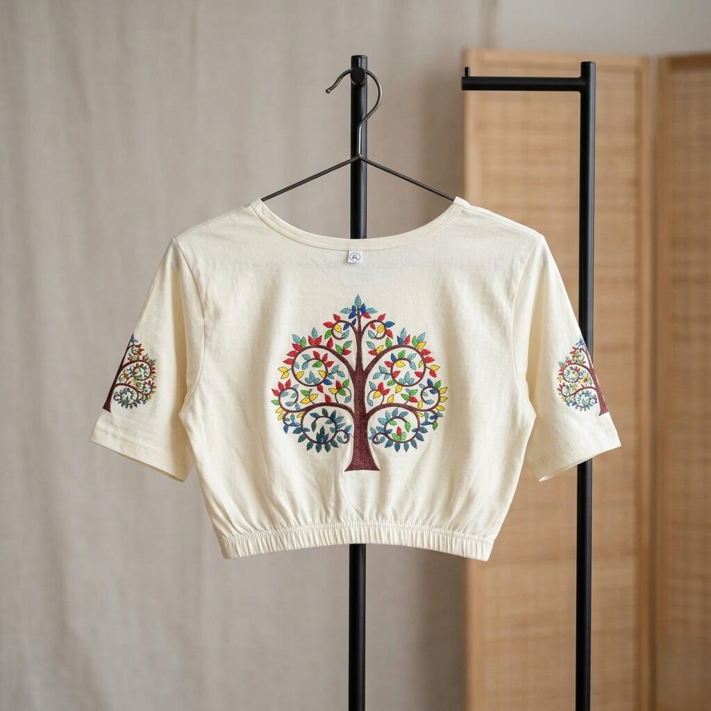 An off-white Stretchable Saree blouse with an elastic waistband, featuring a colorful, detailed Tree of Life Printed on the center and sleeves, hanging on a black metal clothing rack.