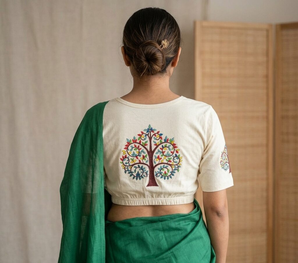 An off-white Stretchable Saree blouse with an elastic waistband, featuring a colorful, detailed Tree of Life Printed on the center and sleeves, hanging on a black metal clothing rack.