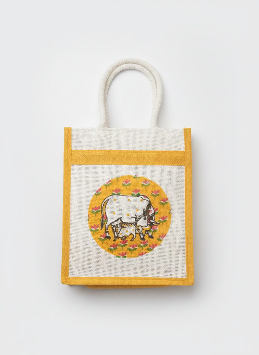 Eco-Friendly Jute Bag with Cow and Calf Motif - Image 3