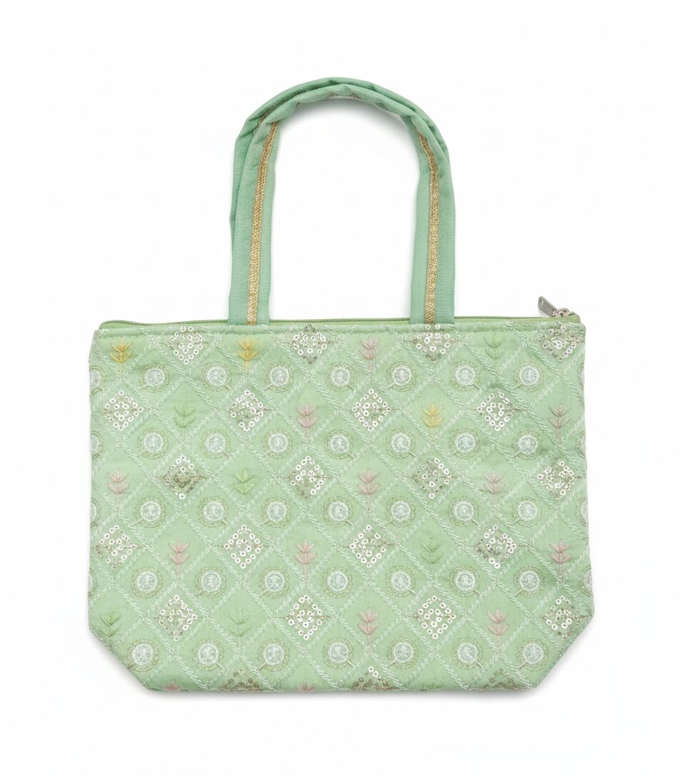 Elegant Pastel Green Embroidered Tote Bag - Image 2