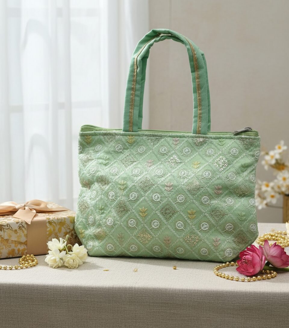 Elegant Pastel Green Embroidered Tote Bag - Image 3