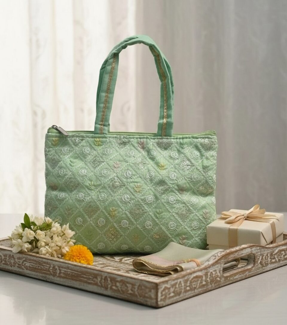 Elegant Pastel Green Embroidered Tote Bag