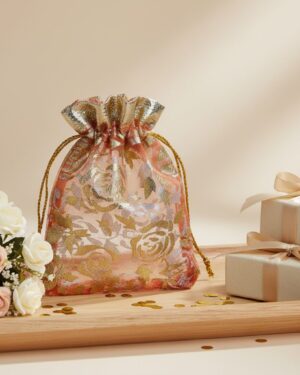 Elegant Floral Gold Organza Gift Bag