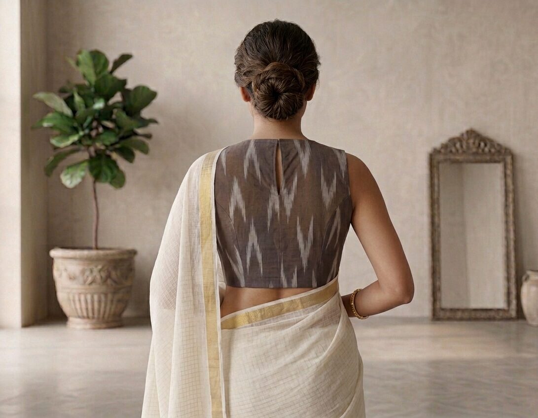 Brown Ikkat Cotton Readymade Blouse
