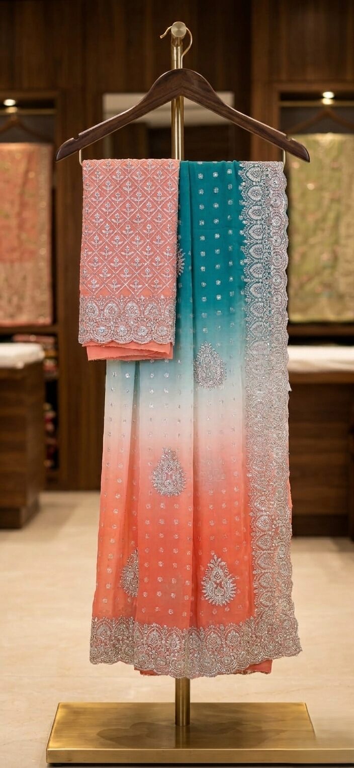 An elegant ombre teal and coral silk saree with intricate silver zari embroidery displayed on a premium gold hanger stand.