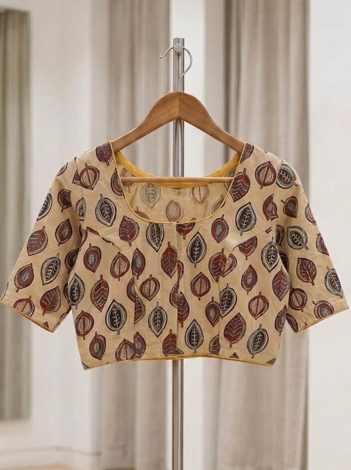 A beautiful beige cotton blouse with maroon and blue leaf-print patterns displayed on a hanger with a stand against a neutral background.
