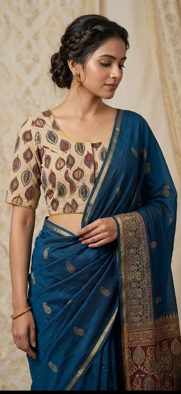A woman elegantly wearing a leaf-print Kalamkari cotton blouse paired with a matching dark blue saree, showcasing the traditional print and perfect fit.