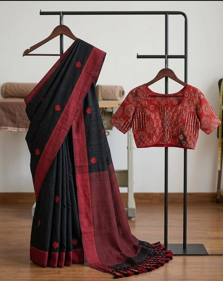A black and red Khadi cotton saree with embroidered heart motifs displayed on a hanger alongside a red Kalamkari blouse.