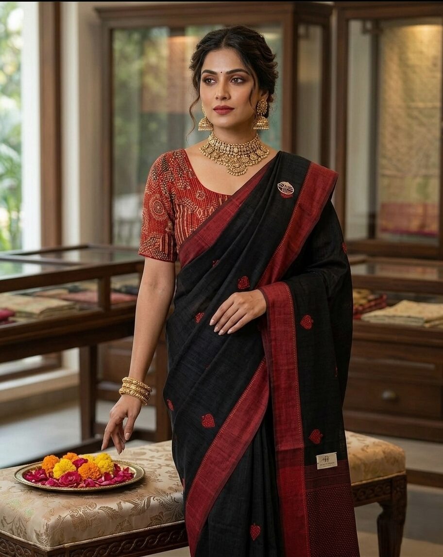 Khadi Cotton Black & Red Combination Saree - Image 2