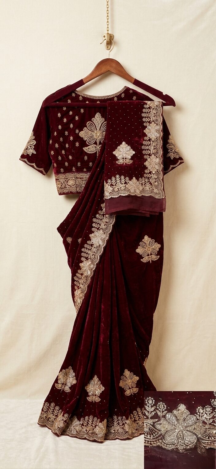 Maroon Tissue Saree with Embroidery - Image 2