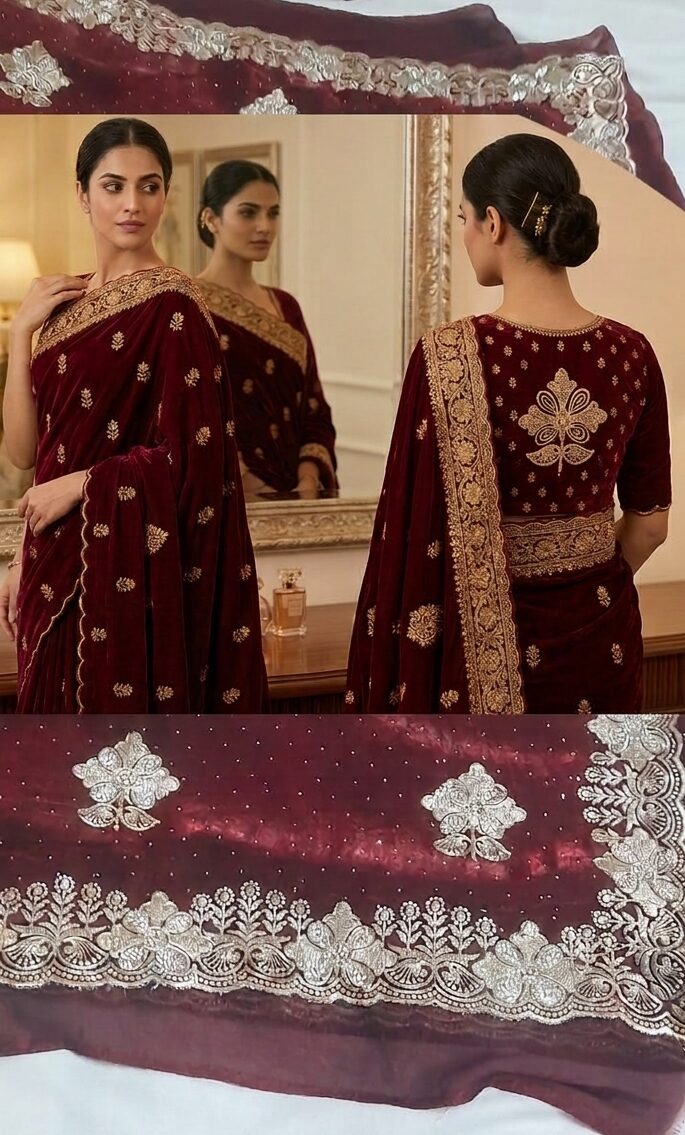 A beautiful Maroon Tissue Saree with Embroidery with intricate gold embroidery and stone work, displayed on a wooden hanger with a matching designer blouse piece