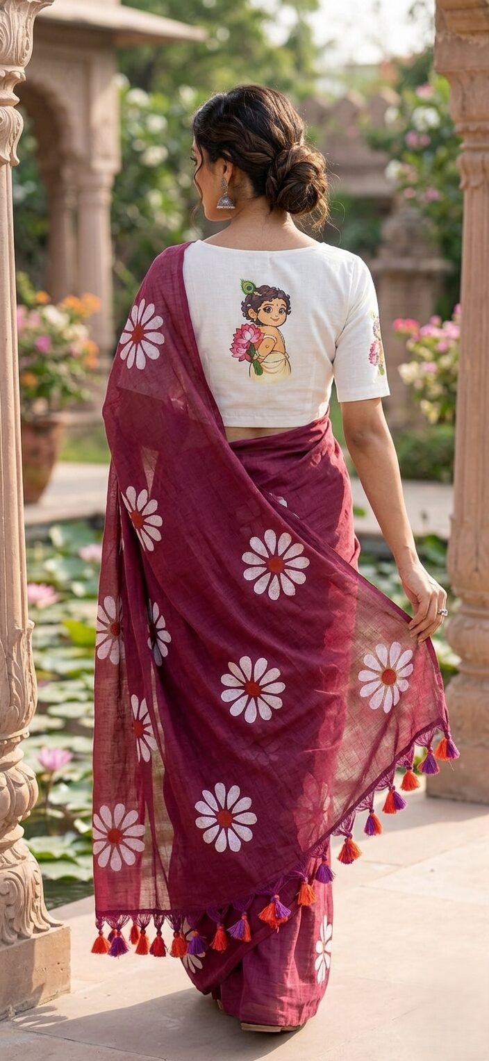 A woman wearing a deep-pink Mul cotton saree with large white floral prints and vibrant tassels, paired with a white ready-to-wear blouse featuring an artistic hand-painted illustration of Little Krishna on the back
