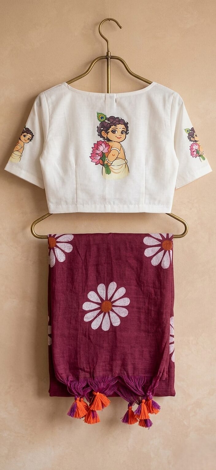 A woman wearing a deep-pink Mul cotton saree with large white floral prints and vibrant tassels, paired with a white ready-to-wear blouse featuring an artistic hand-painted illustration of Little Krishna on the back