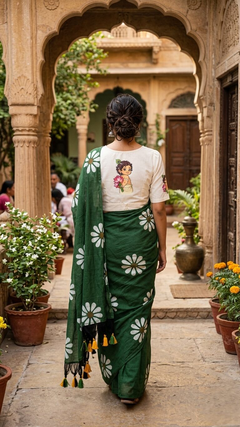 A green daisy-print Khadi cotton saree displayed on a hanger with a white stretchable blouse featuring an adorable Little Krishna print on the back.