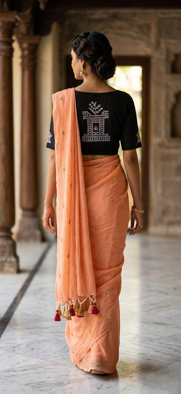 Black Stretchable Readymade Blouse with White Printed Details