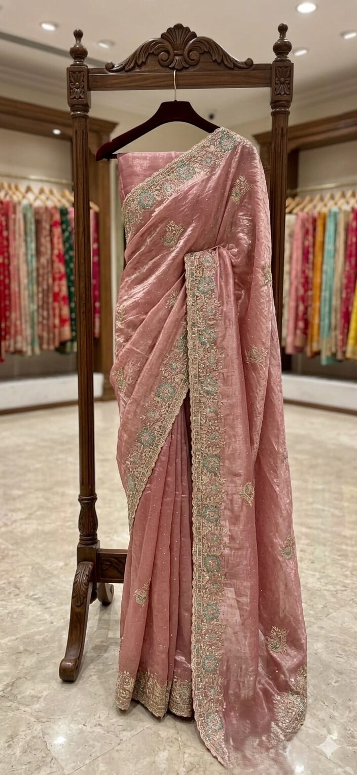 A premium rose gold silk saree with intricate floral embroidery and detailed borders, elegantly displayed on a wooden hanger stand in a boutique setting.