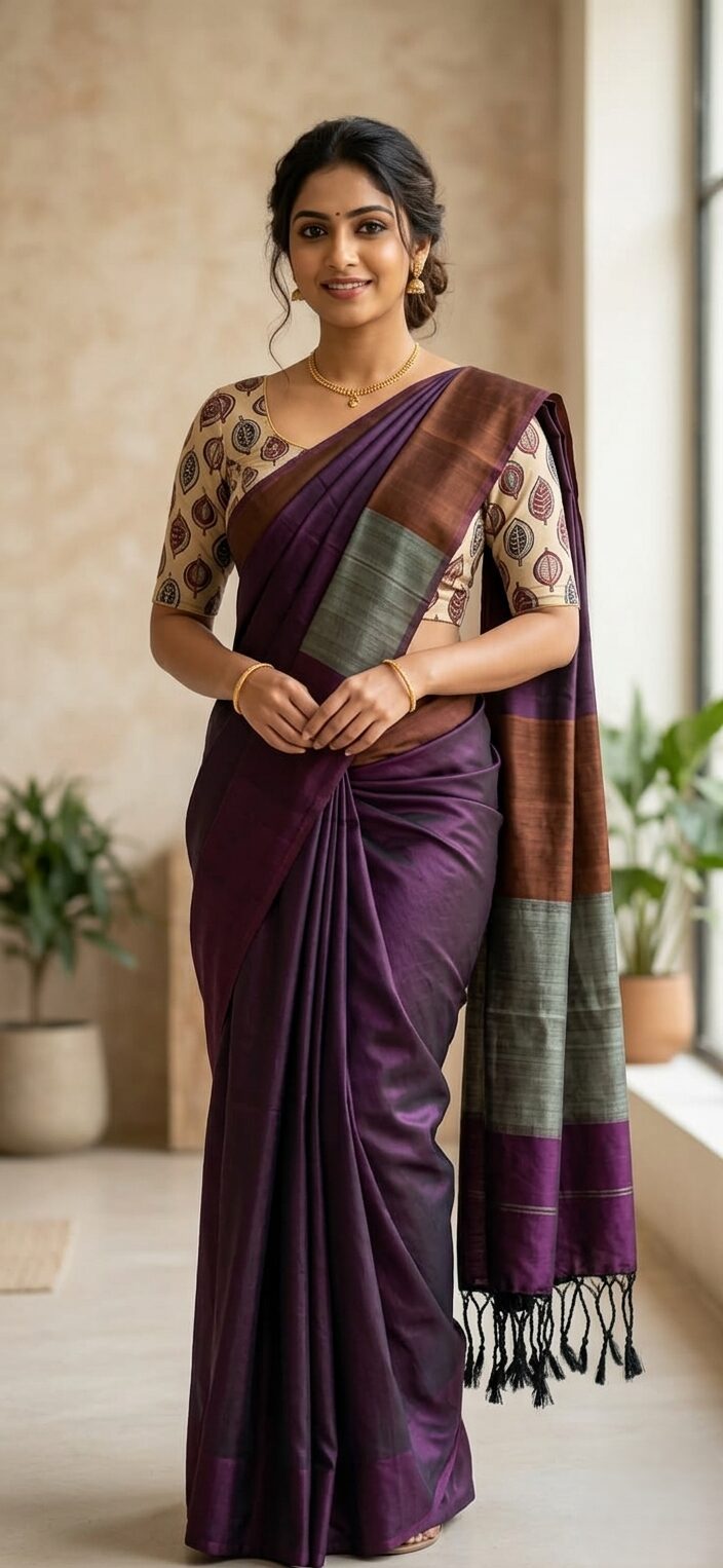 Radiant Wine Khadi Cotton Saree with Blouse