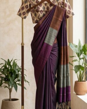 Radiant Wine Khadi Cotton Saree with Blouse