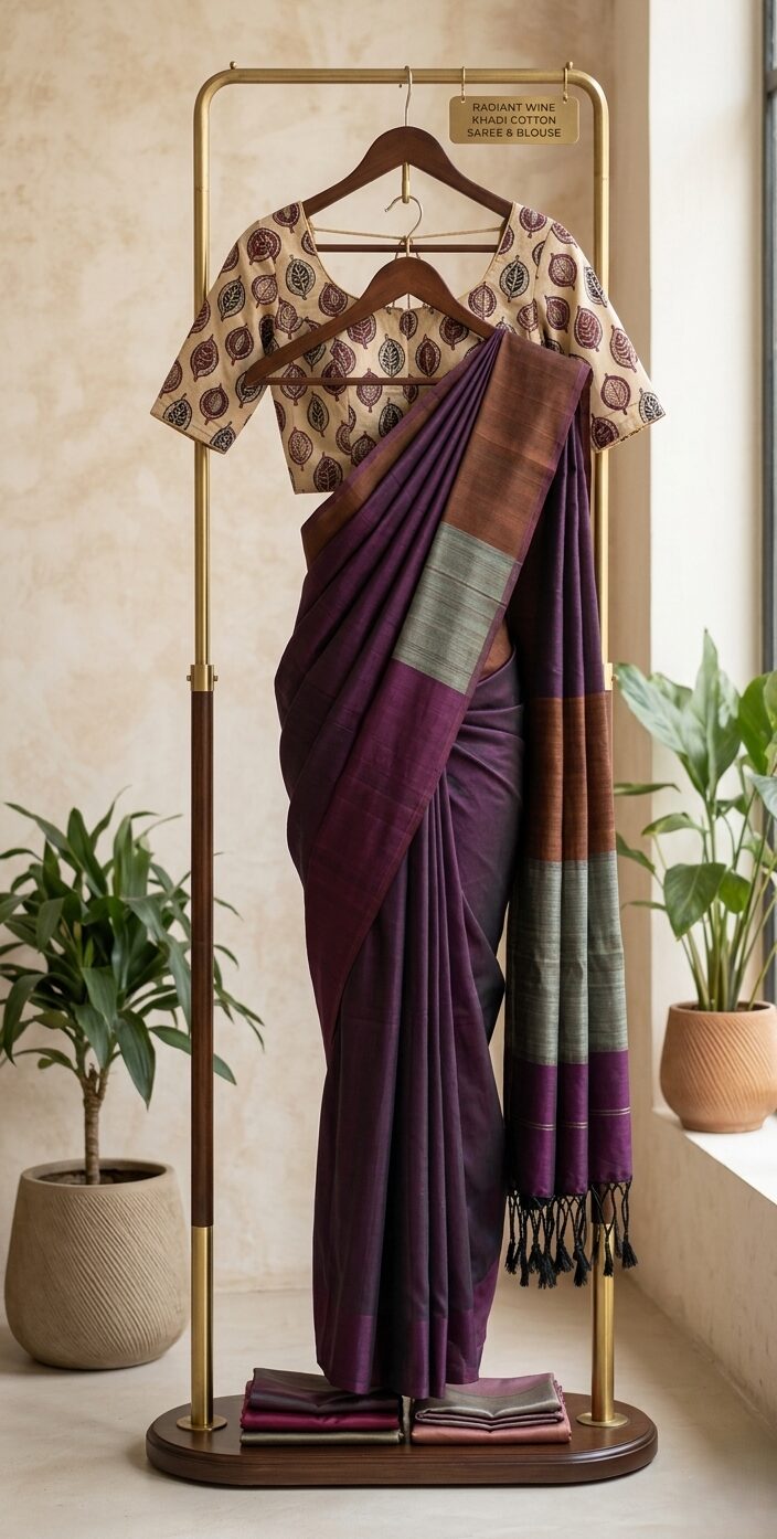 Radiant Wine Khadi Cotton Saree with Blouse