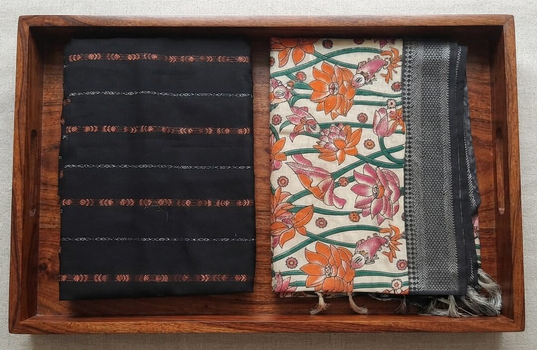 Black Pochampalli top with kalamkari Duppatta