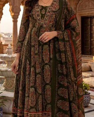 Woman wearing a traditional bottle green printed 3-piece Anarkali kurta set with matching pants and dupatta from Bottle green 3pcs set