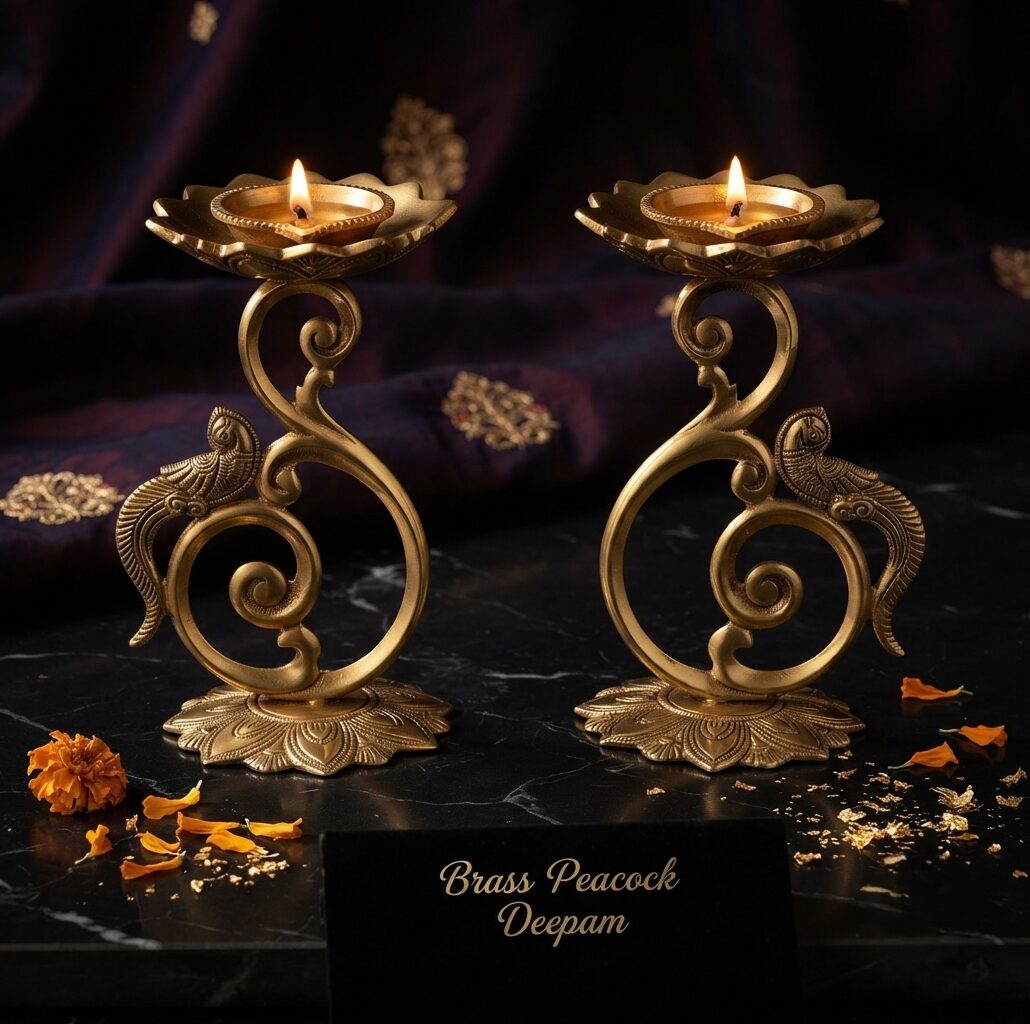 A pair of premium handcrafted brass peacock deepams with lotus bases and swirl stands, placed on a dark surface decorated with marigold petals and subtle gold accents against a rich purple fabric background.