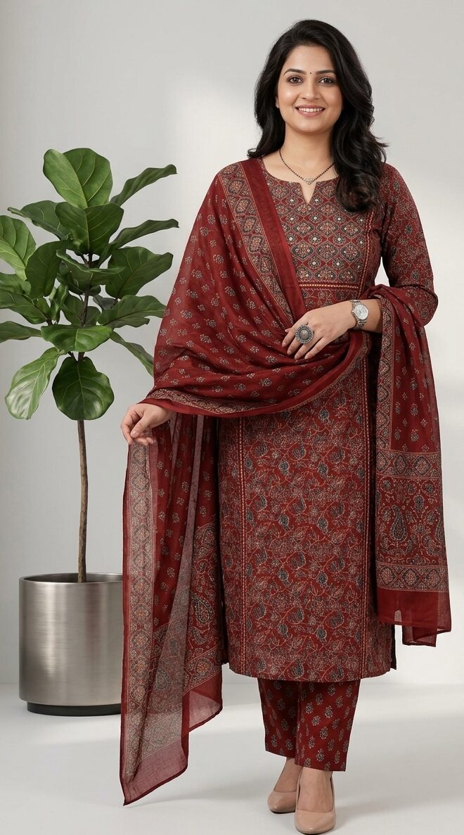 Premium Maroon-Red 3-Piece Kurta Set