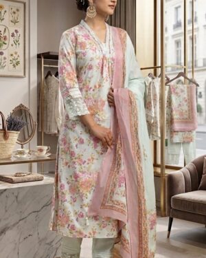 Premium Pastel Green Floral Print 3-Piece Kurta Set