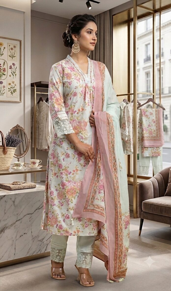 Premium Pastel Green Floral Print 3-Piece Kurta Set