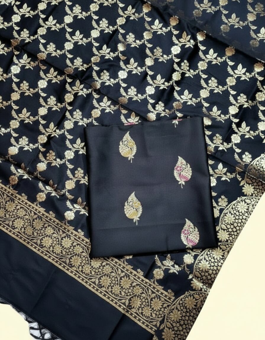 Exquisite Black Banarasi Salwar Kameez Ensemble with Dupatta