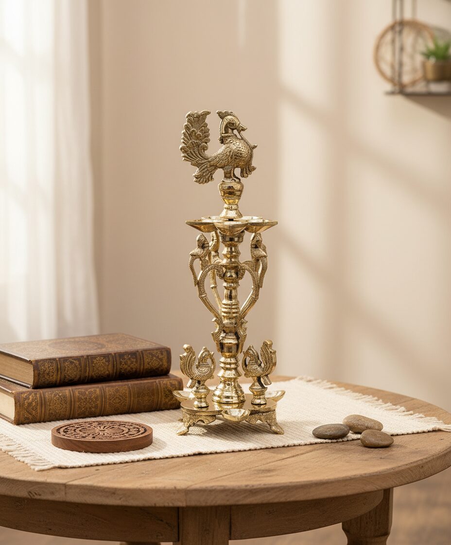 Regal Brass Diya with Ornate Peacock Motif