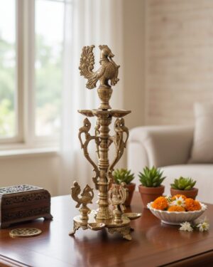 Regal Brass Diya with Ornate Peacock Motif