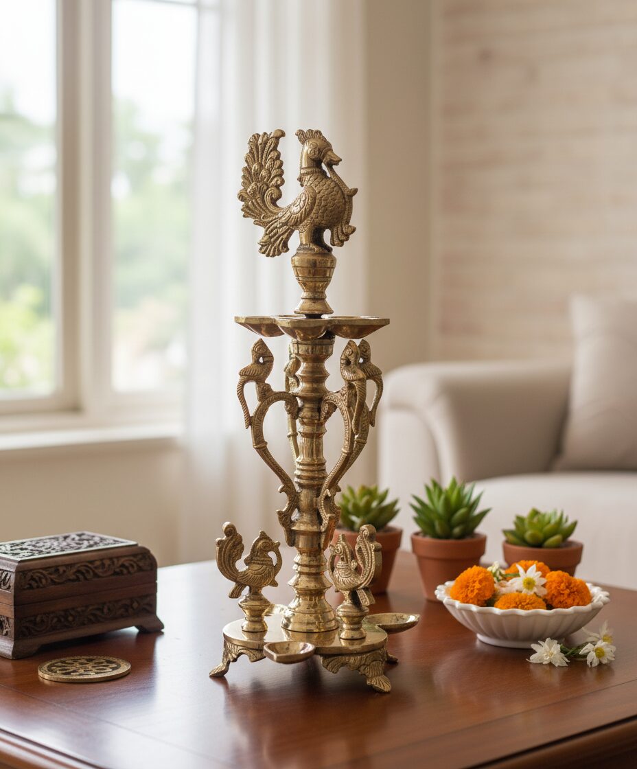 Regal Brass Diya with Ornate Peacock Motif