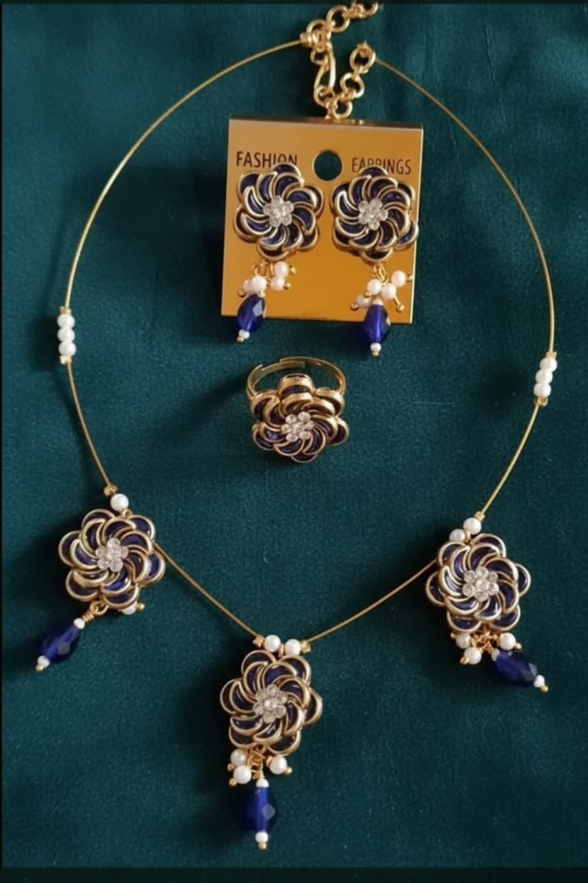 Elegant Kundan Floral Jewelry Set with Earrings and Ring