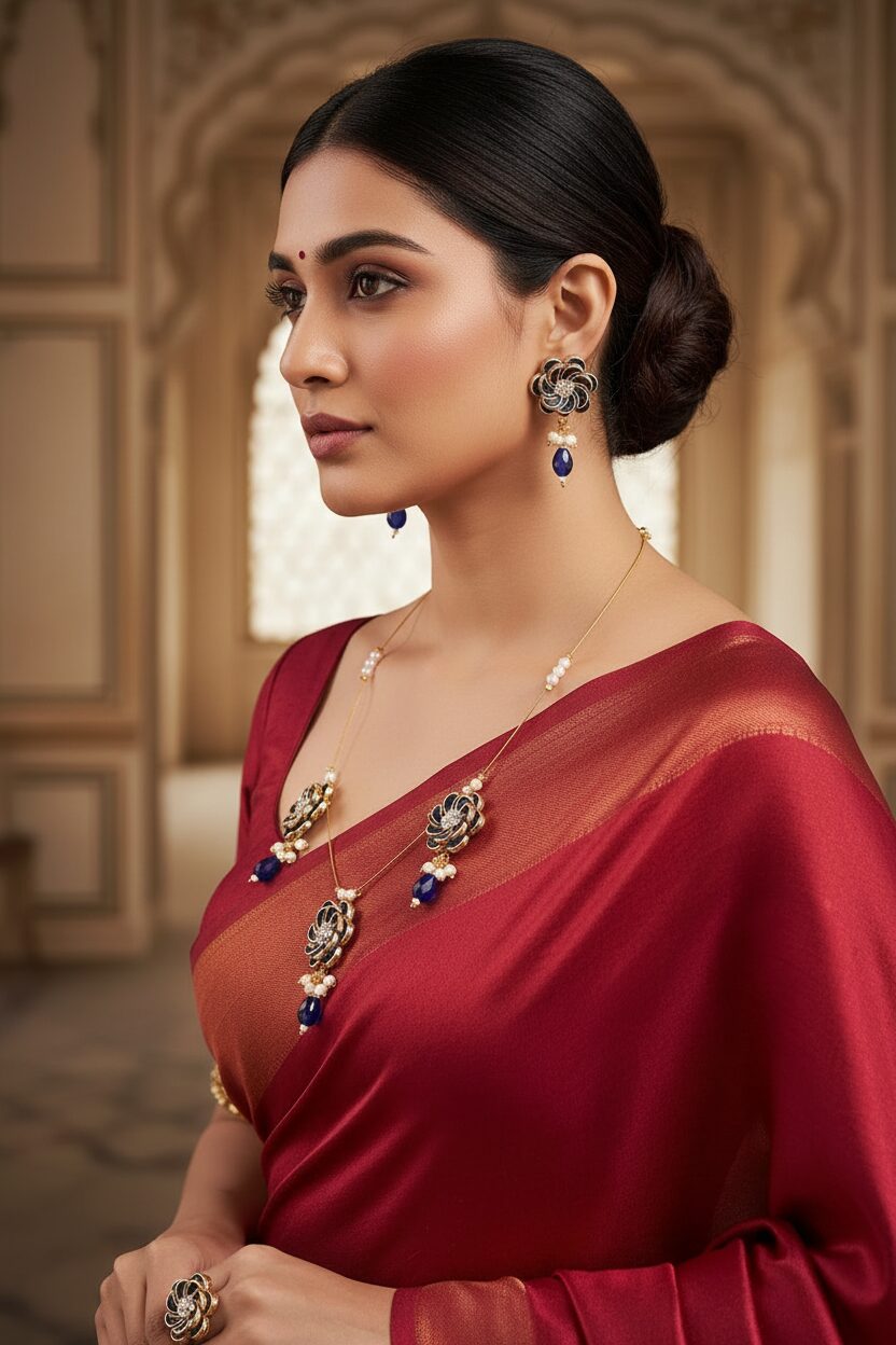 Elegant Kundan Floral Jewelry Set with Earrings and Ring - Image 2