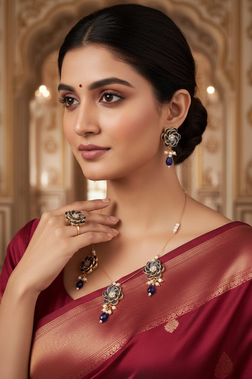Elegant Kundan Floral Jewelry Set with Earrings and Ring