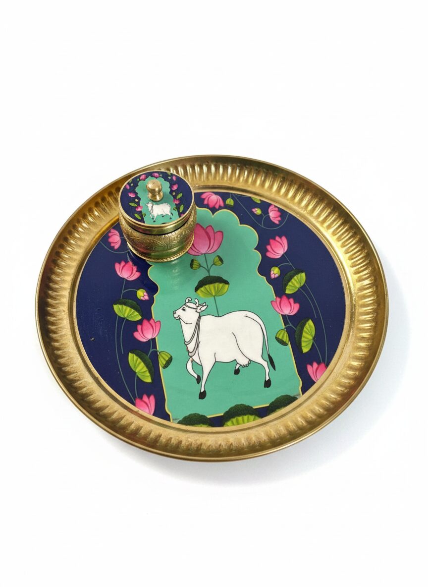 Elegant Brass Tray with Decorative Cow Motif