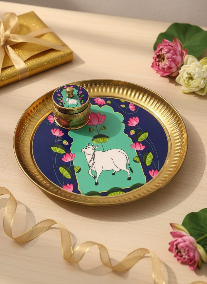 Elegant Brass Tray with Decorative Cow Motif