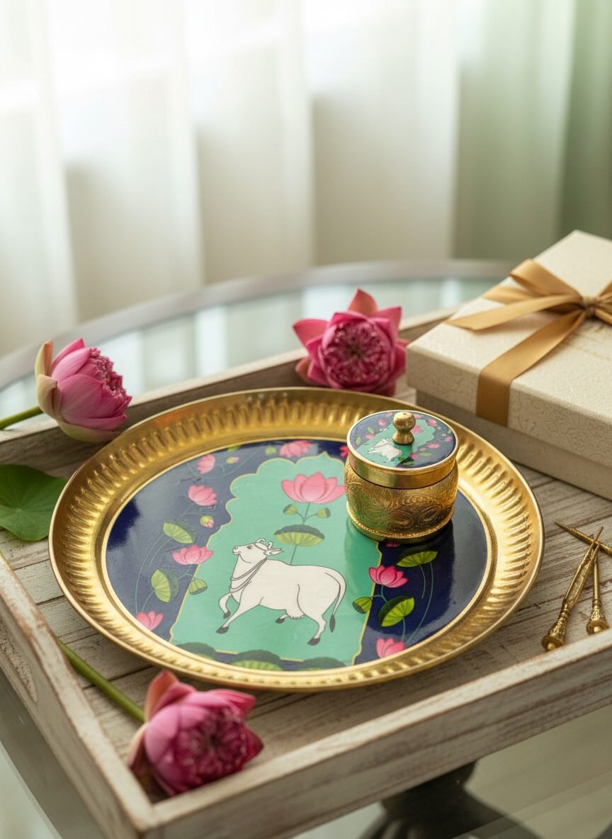 Elegant Brass Tray with Decorative Cow Motif - Image 2