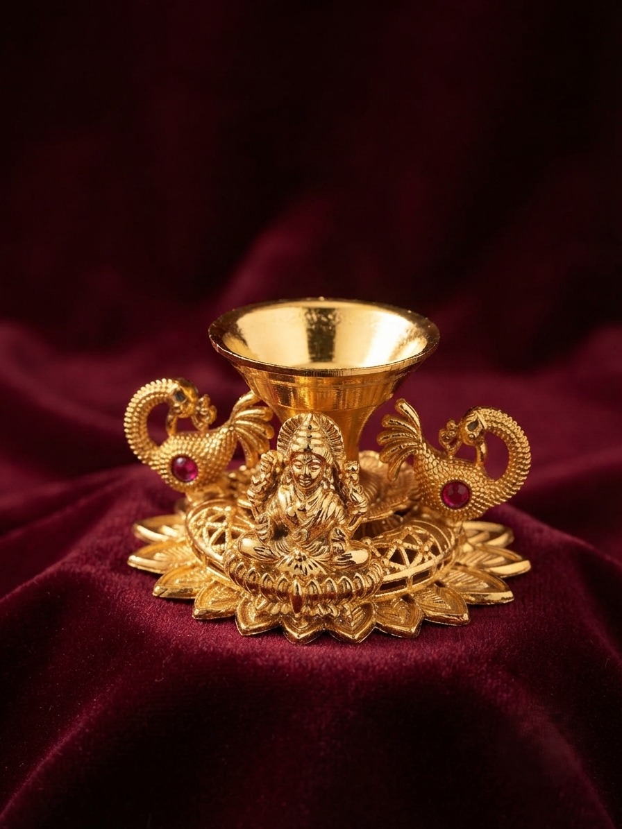 An Exquisite Gold Lakshmi Diya oil lamp featuring sculpted peacock handles and a Goddess Lakshmi motif, displayed on a deep maroon velvet fabric.