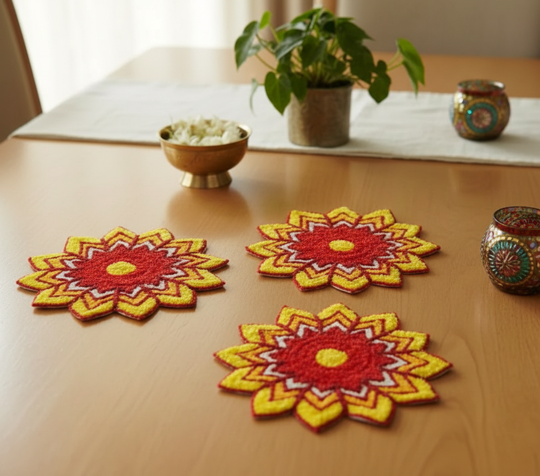 Radiant Rangoli Mats Set – Vibrant Floral Home Decor